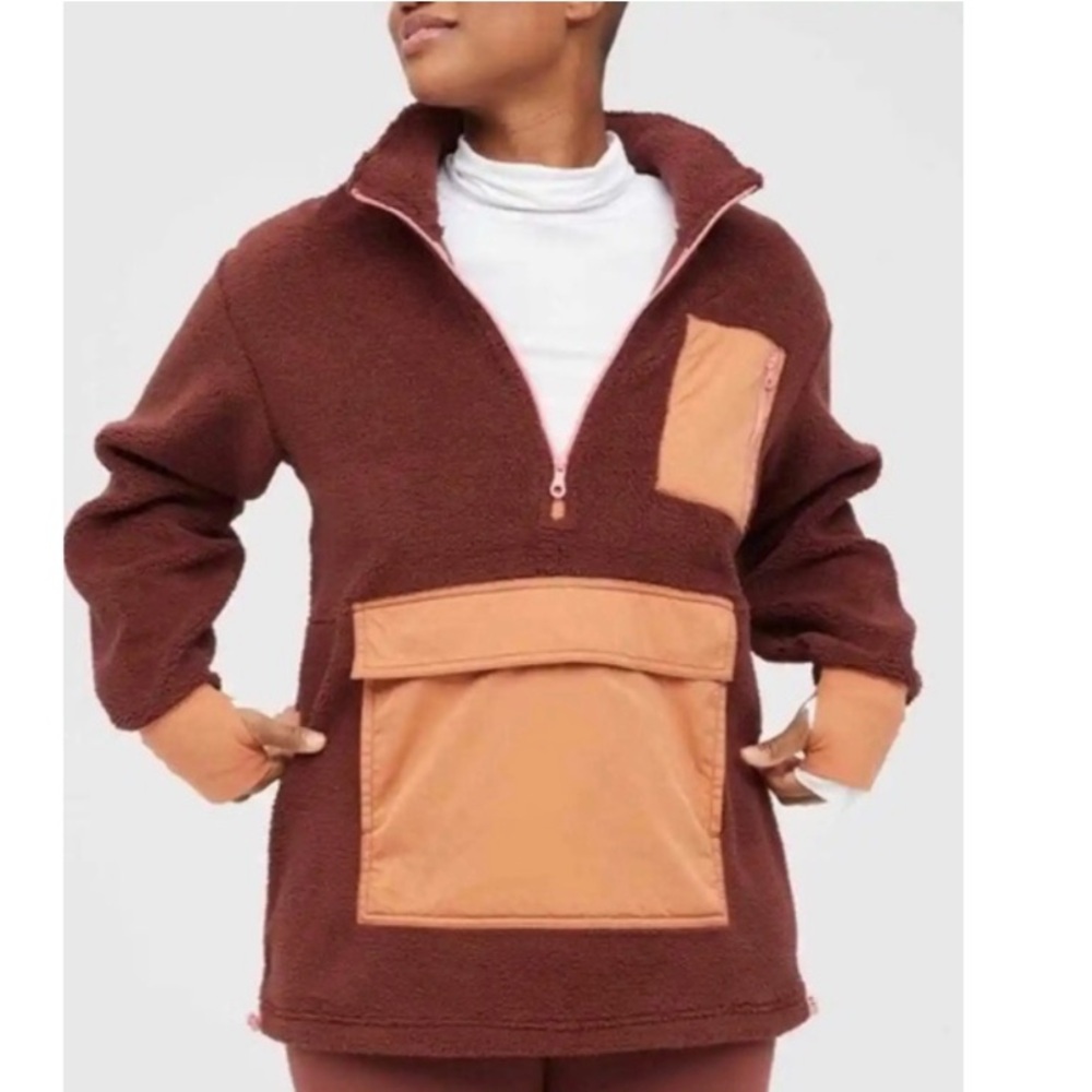 Aerie Sherpa 1/4 Zip Pullover Relaxed Sweatshirt Lightweight Jacket Brown Medium